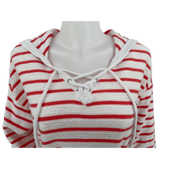 Anthropologie Sunday Orange White Striped Hooded Athletic Long Sleeve Top 1X - Picture 2 of 7